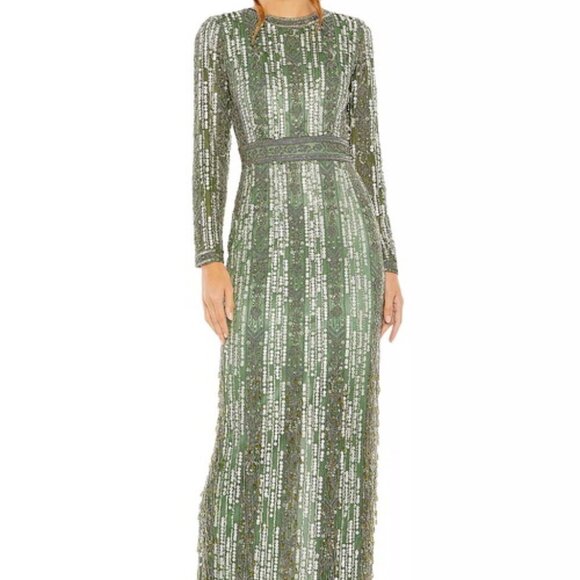 Mac Duggal Dresses & Skirts - Mac Duggal Sage Green Sequin Beaded Fringe Long Sleeve Gown